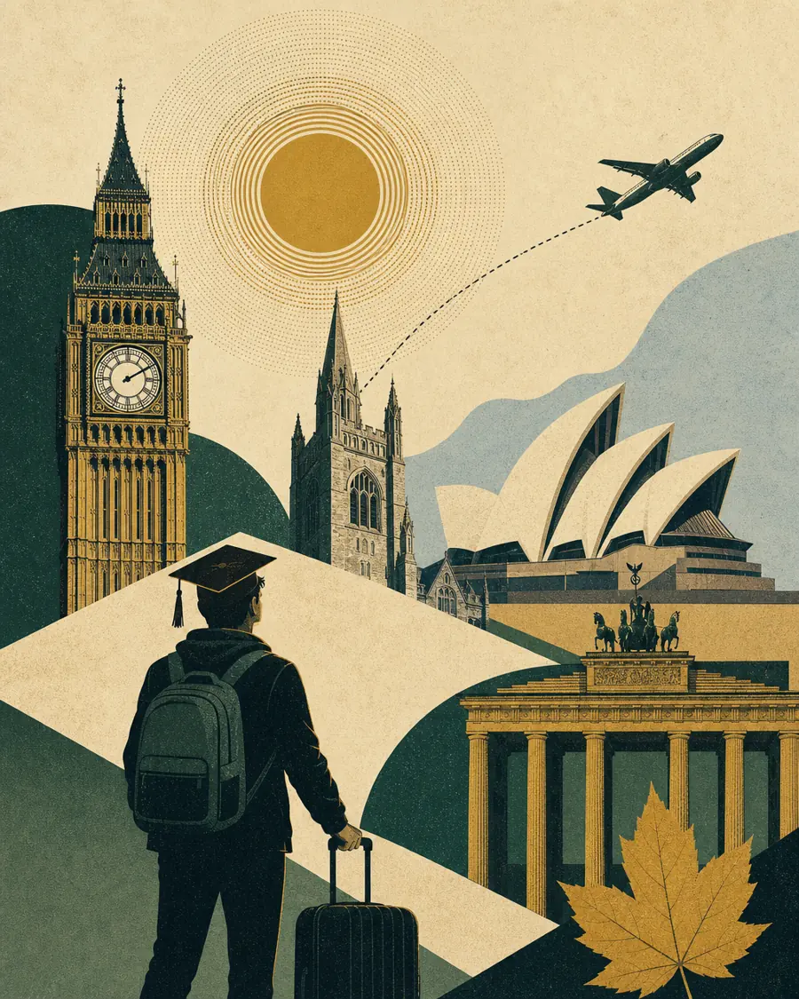 Illustrated poster of a graduate travelling to universities around the world